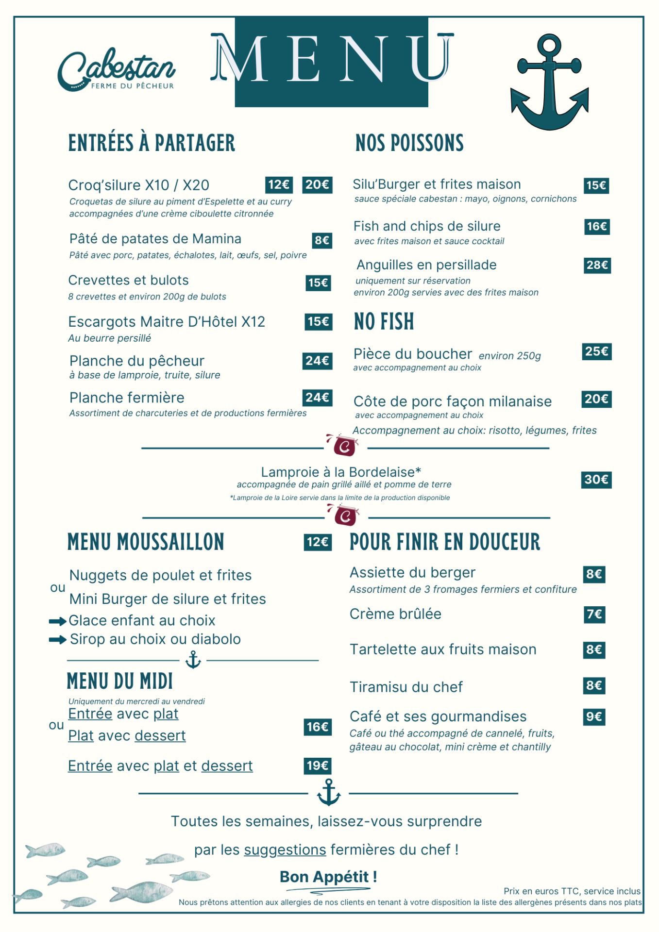 Menu 2025 guinguette restaurant le cabestan ferme du pecheur